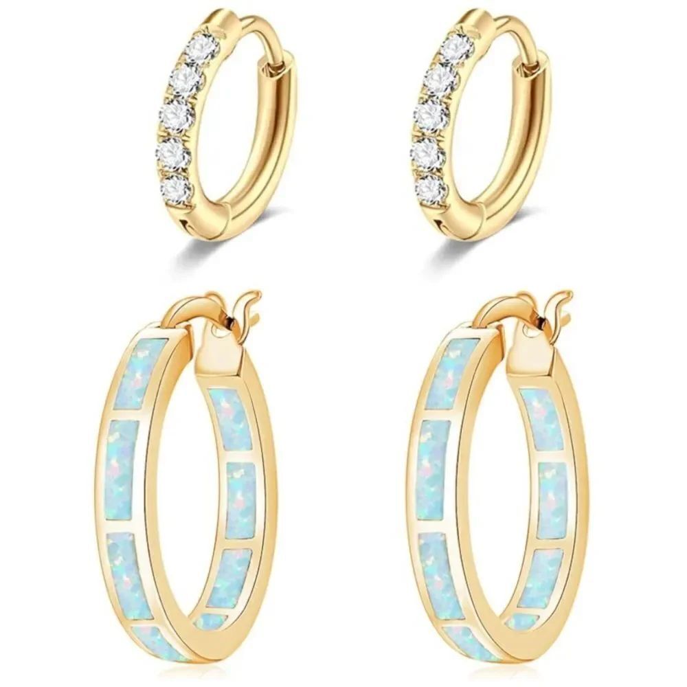 14K Yellow Gold and 316L White Fire Opal and Diamond CZ Hoops Earrings Set of 2
